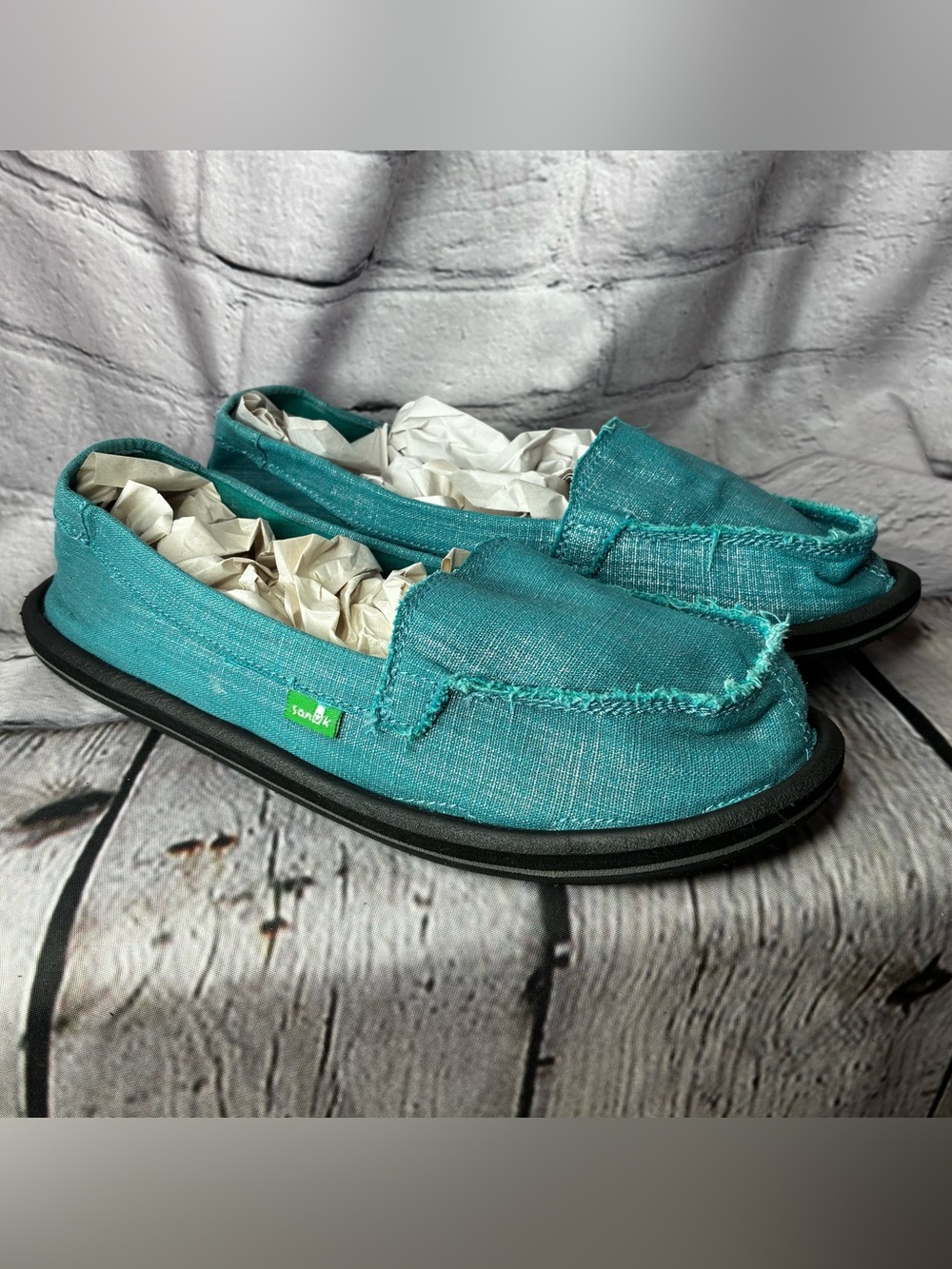 Sanuk Slip-On Boho Surfer Loafer Flats Metallic Teal Casual Beach Shoes Size 9